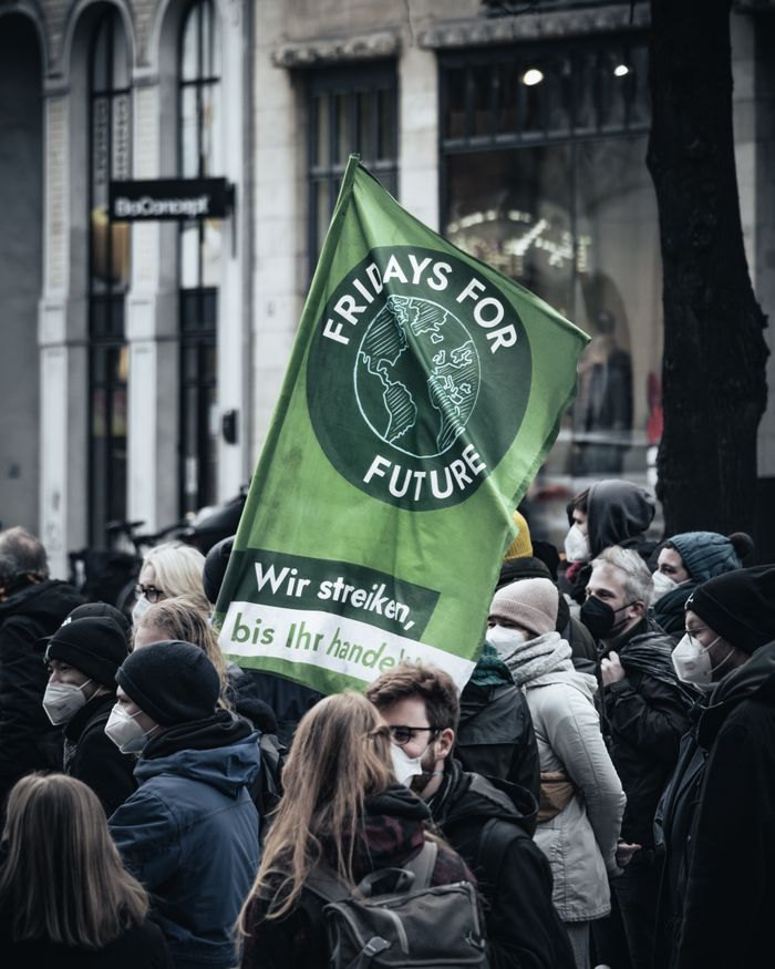 Masked protesters holding a Fridays for Future banner at a climate change rally in Hamburg, Germany.