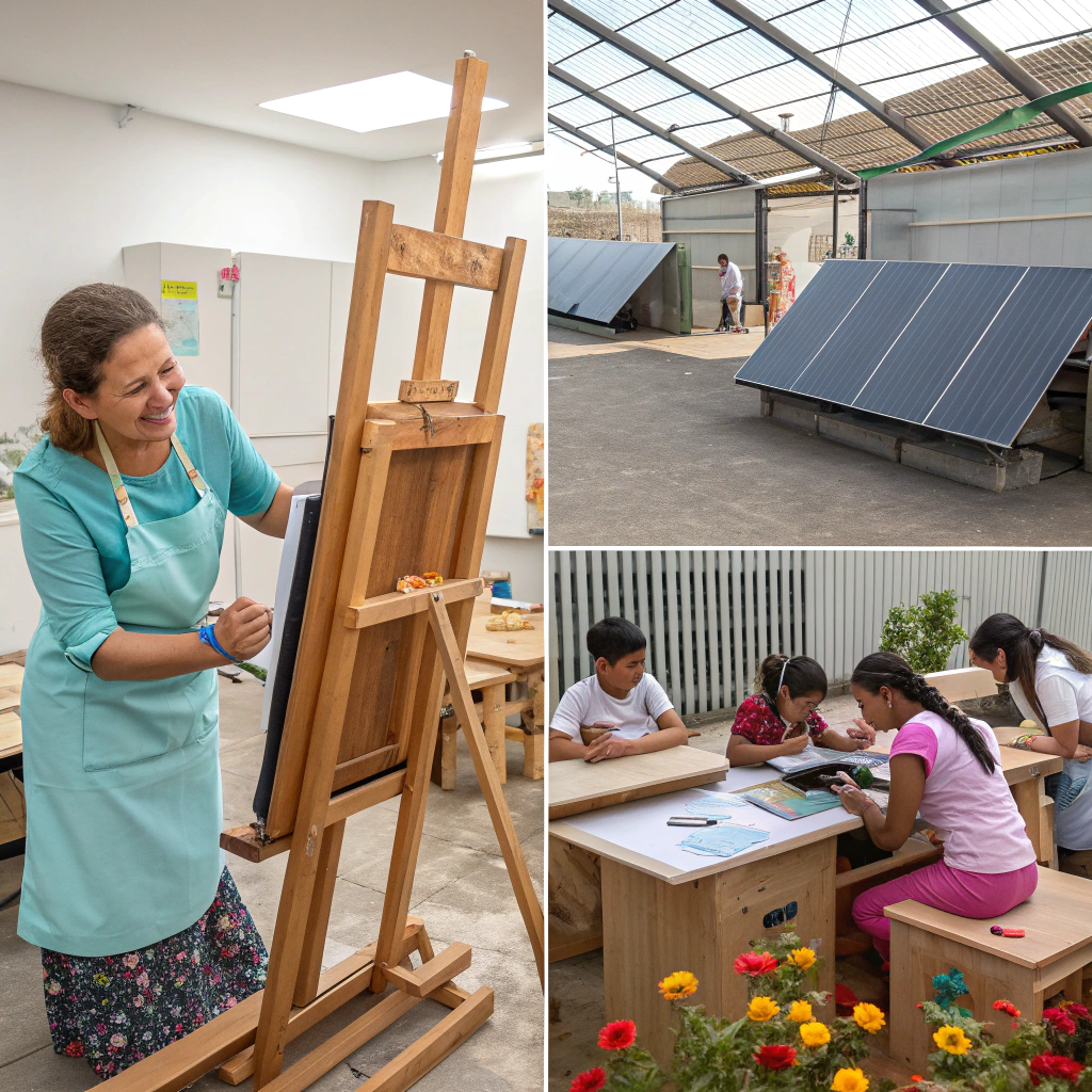 ein cleanes layout mit drei nebeneinander angeordneten fotos: ein urbaner gemeinschaftsgarten, ein bildungsworkshop für jugendliche und ein erneuerbare‑energie‑pilotprojekt, jeweils mit dem trafo‑logo dezent im bildrand.